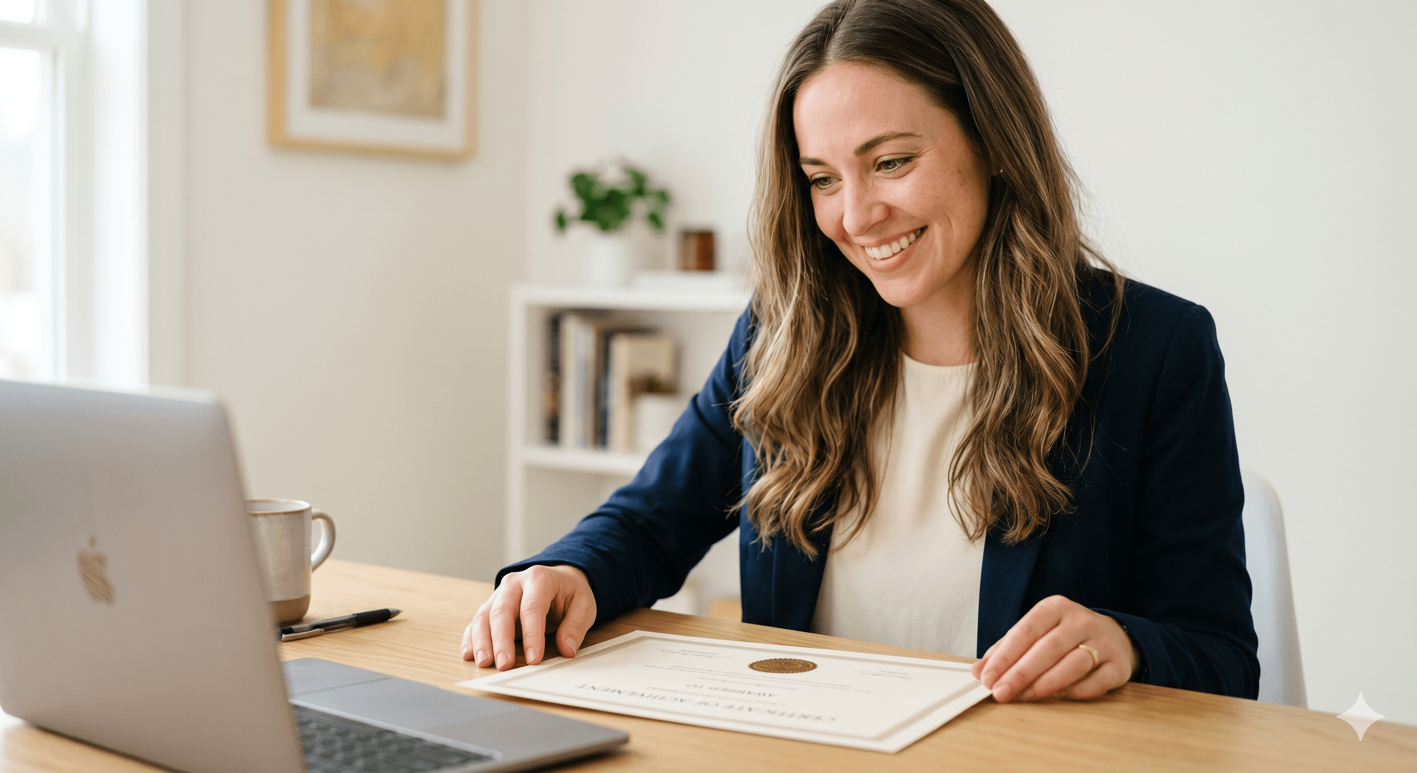 Graduate smiling at her diploma beside a laptop