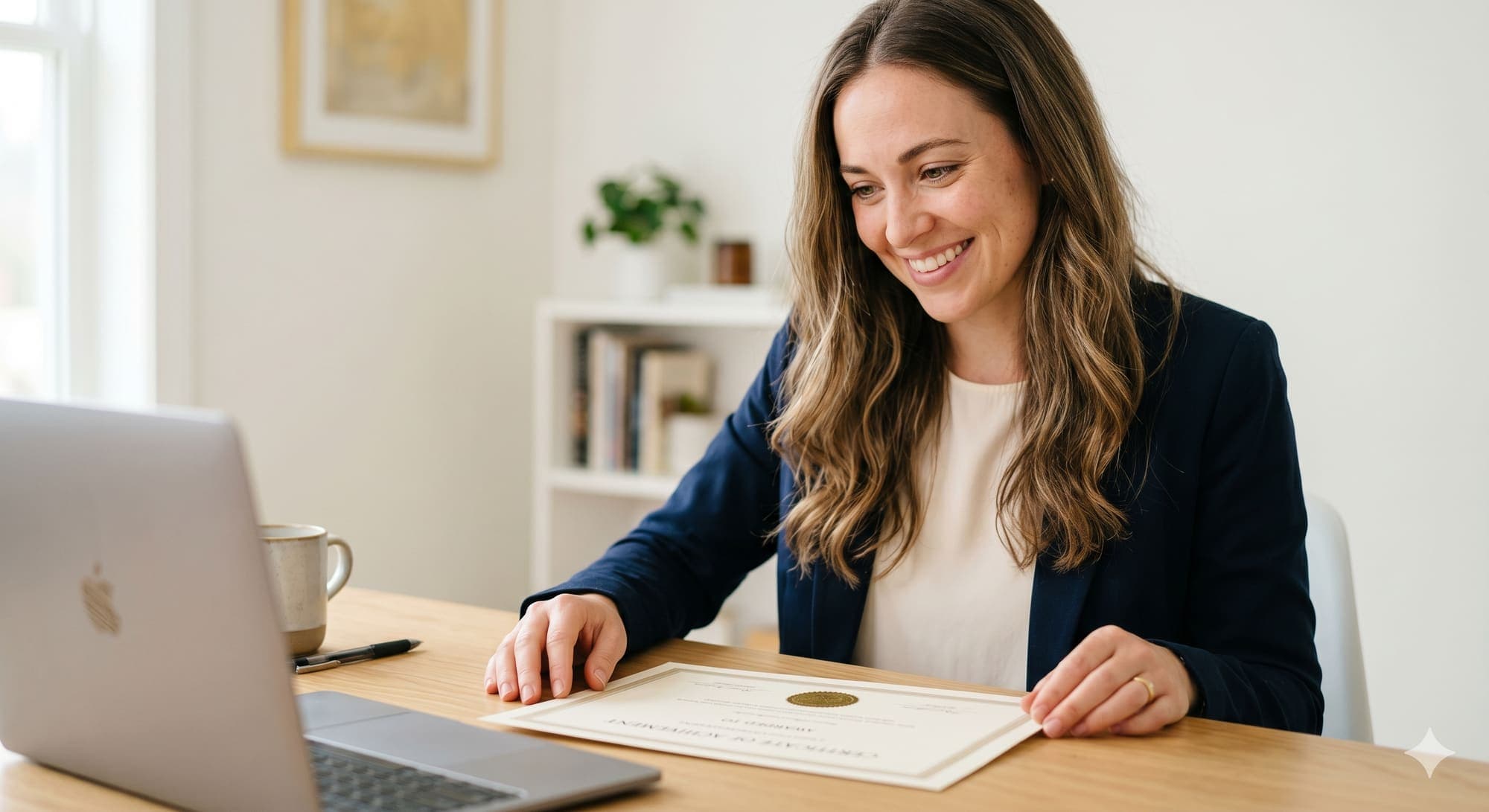 Graduate smiling at her diploma beside a laptop