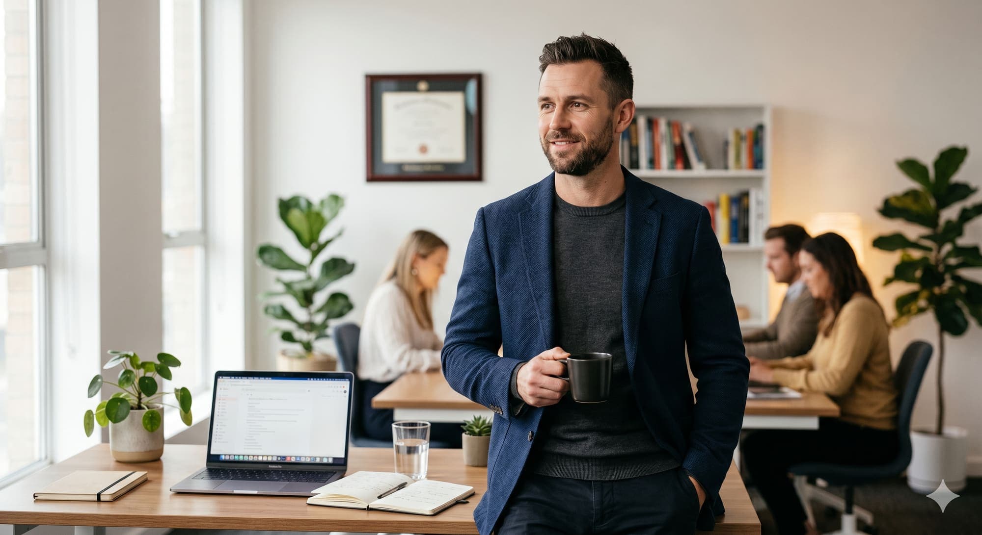 Graduate at his workspace, framed certificate on the wall behind him